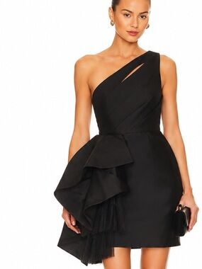 Monique Lhuillier side ruffle Size 6 Black One Shoulder Cocktail Dress P